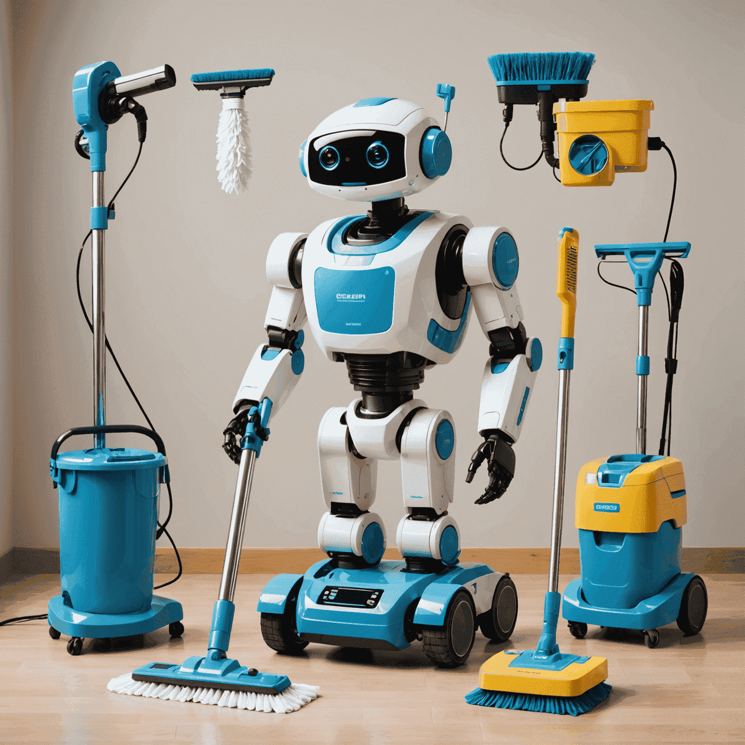 Various high-tech cleaning equipment including robots and smart devices for modern cleaning methods