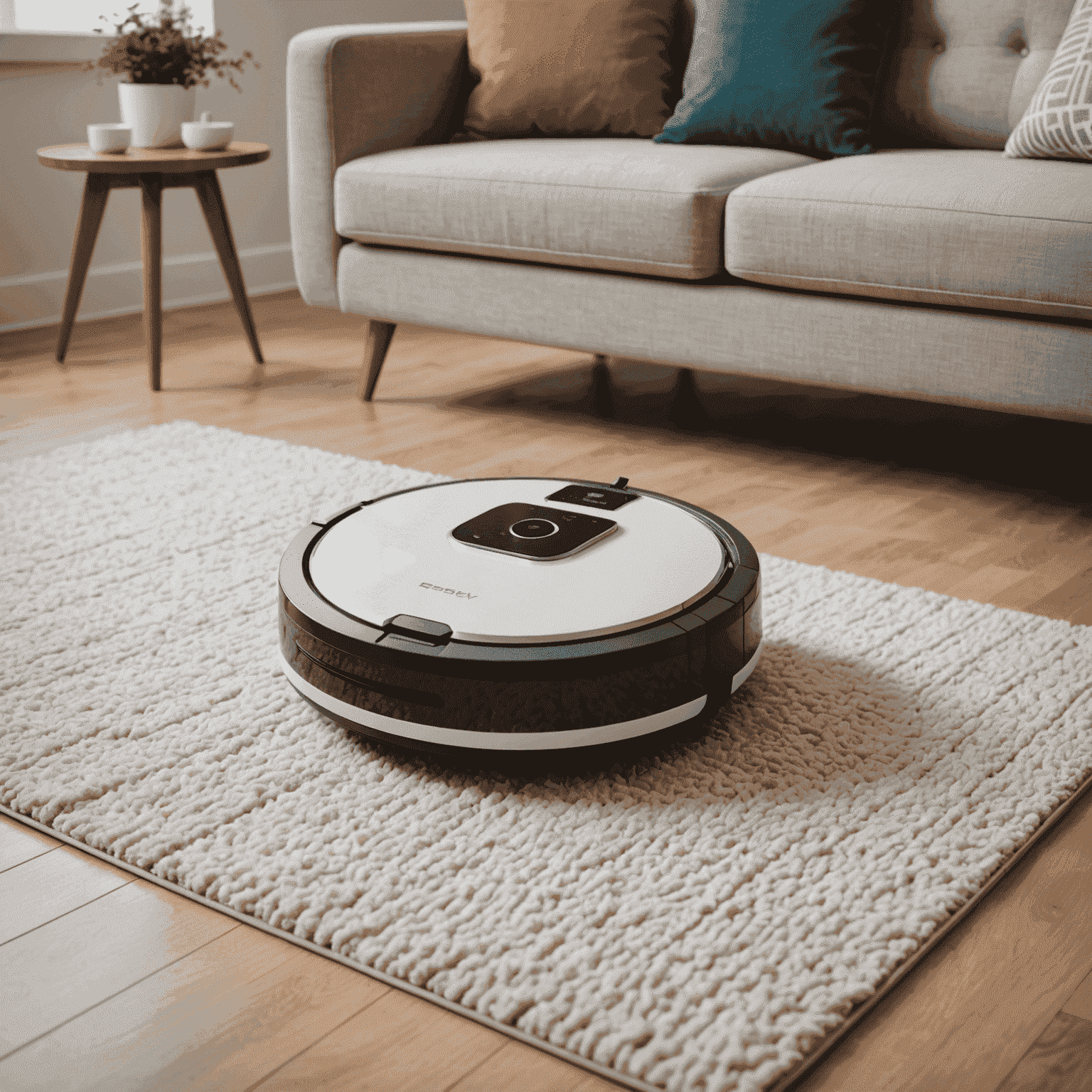 A modern robotic vacuum cleaner navigating around furniture in a sleek, minimalist living room. The robot is equipped with advanced sensors and a streamlined design, showcasing the cutting-edge technology in the cleaning industry.