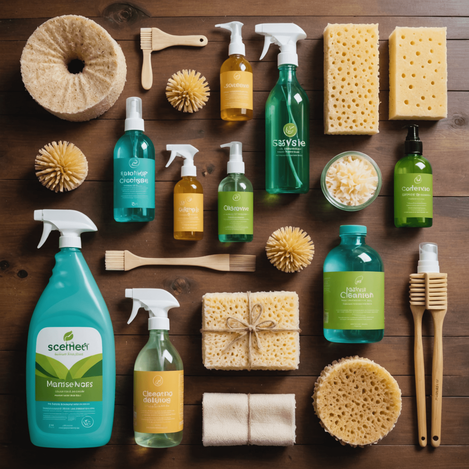 A collection of eco-friendly cleaning products arranged on a wooden surface, including natural sponges, bamboo brushes, glass spray bottles with homemade solutions, and reusable microfiber cloths