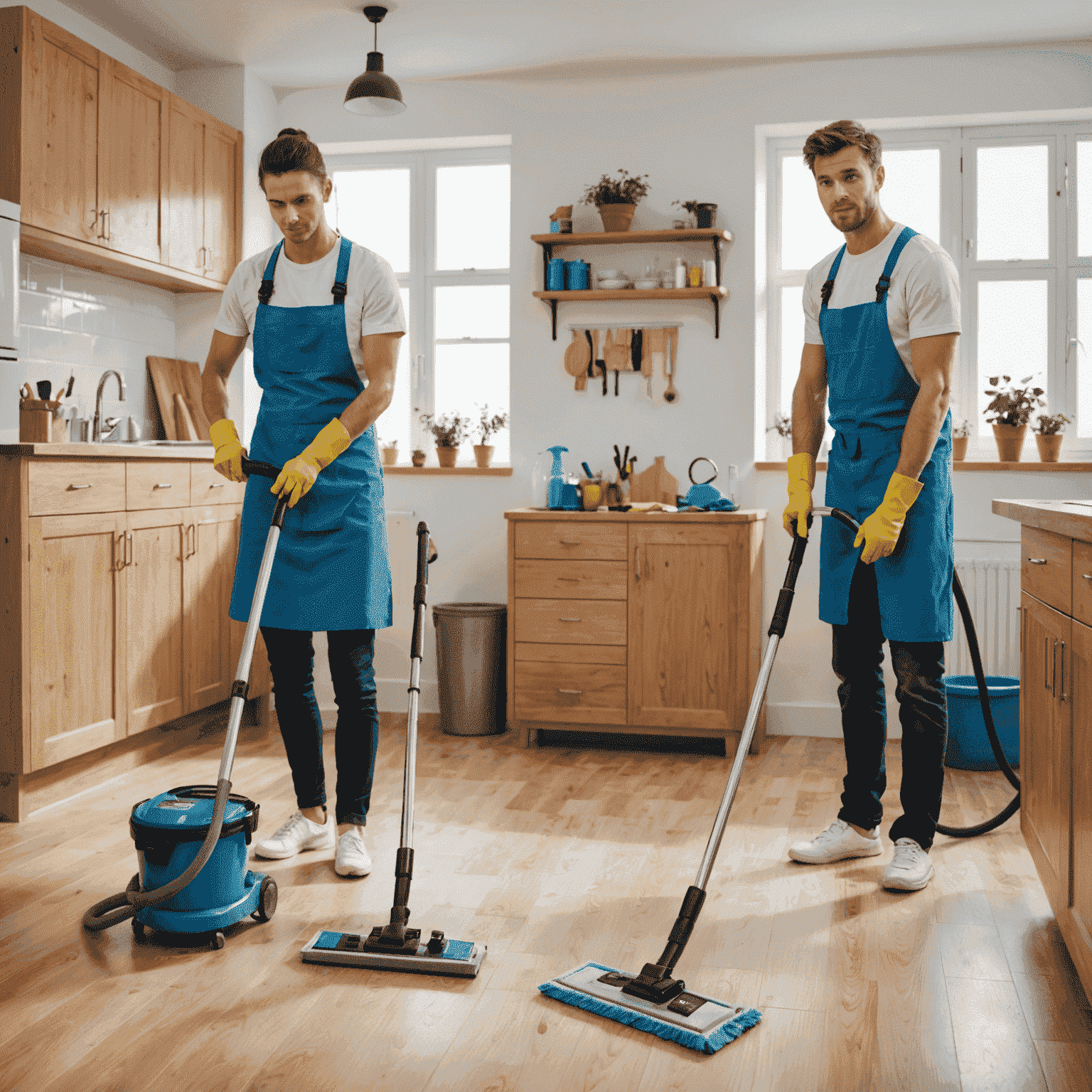 Split image showing a professional cleaner with equipment on one side and a person doing DIY cleaning on the other