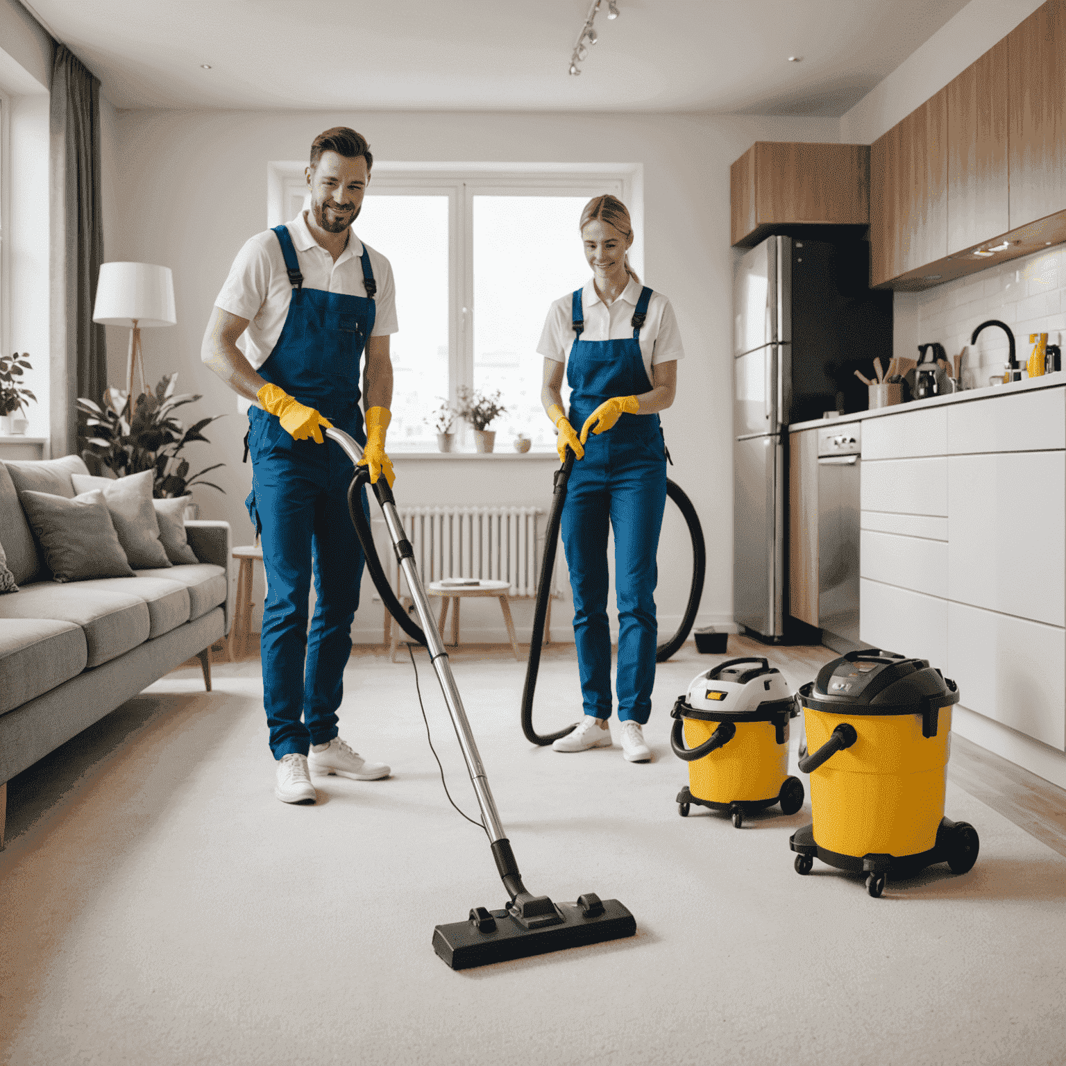 Professional cleaners tidying up a modern apartment, vacuuming carpets and wiping surfaces