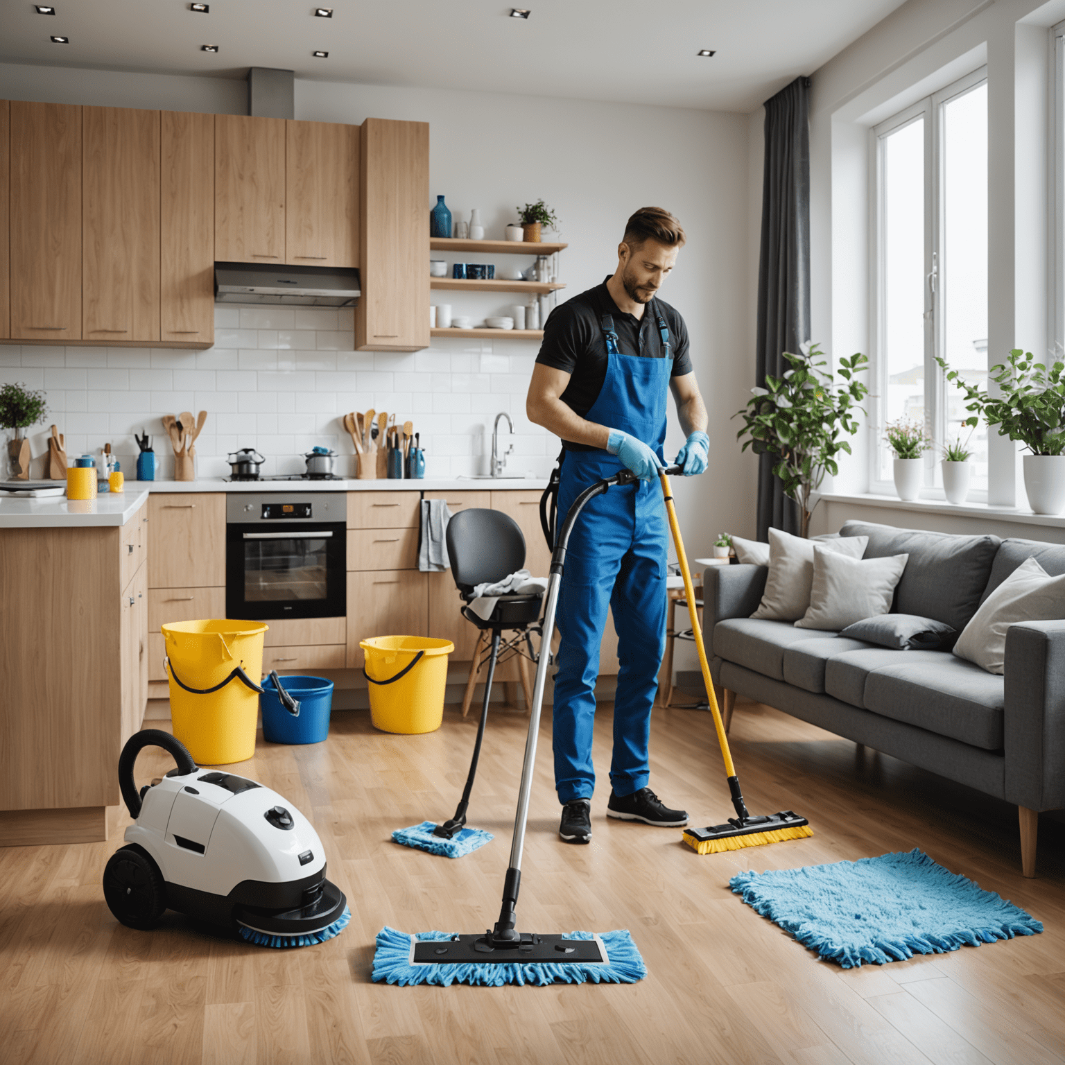 Professional cleaners tidying up a modern apartment, showcasing various cleaning tools and equipment