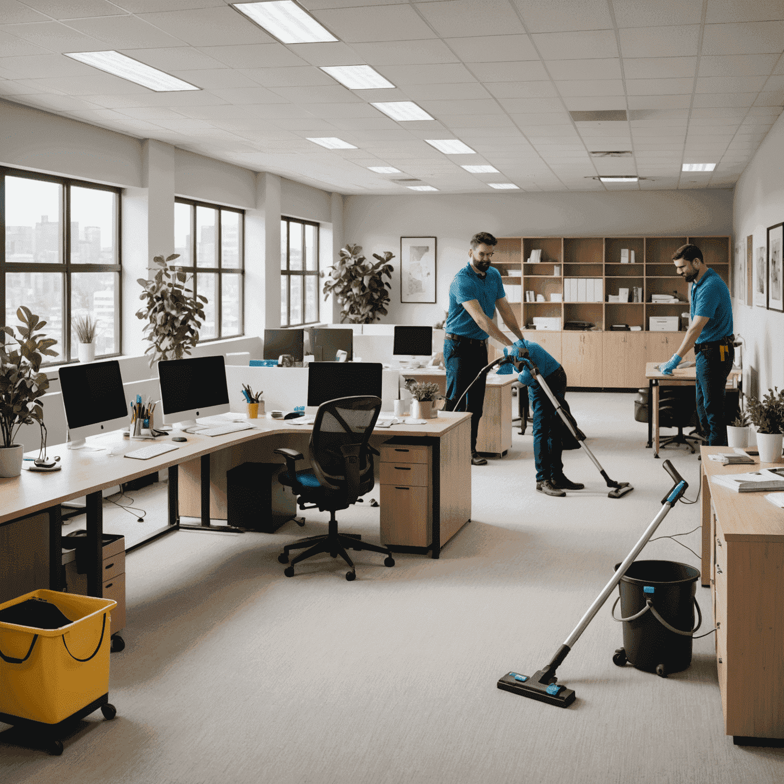 Professional cleaners tidying up a modern office space, wiping down desks, vacuuming carpets, and organizing workstations