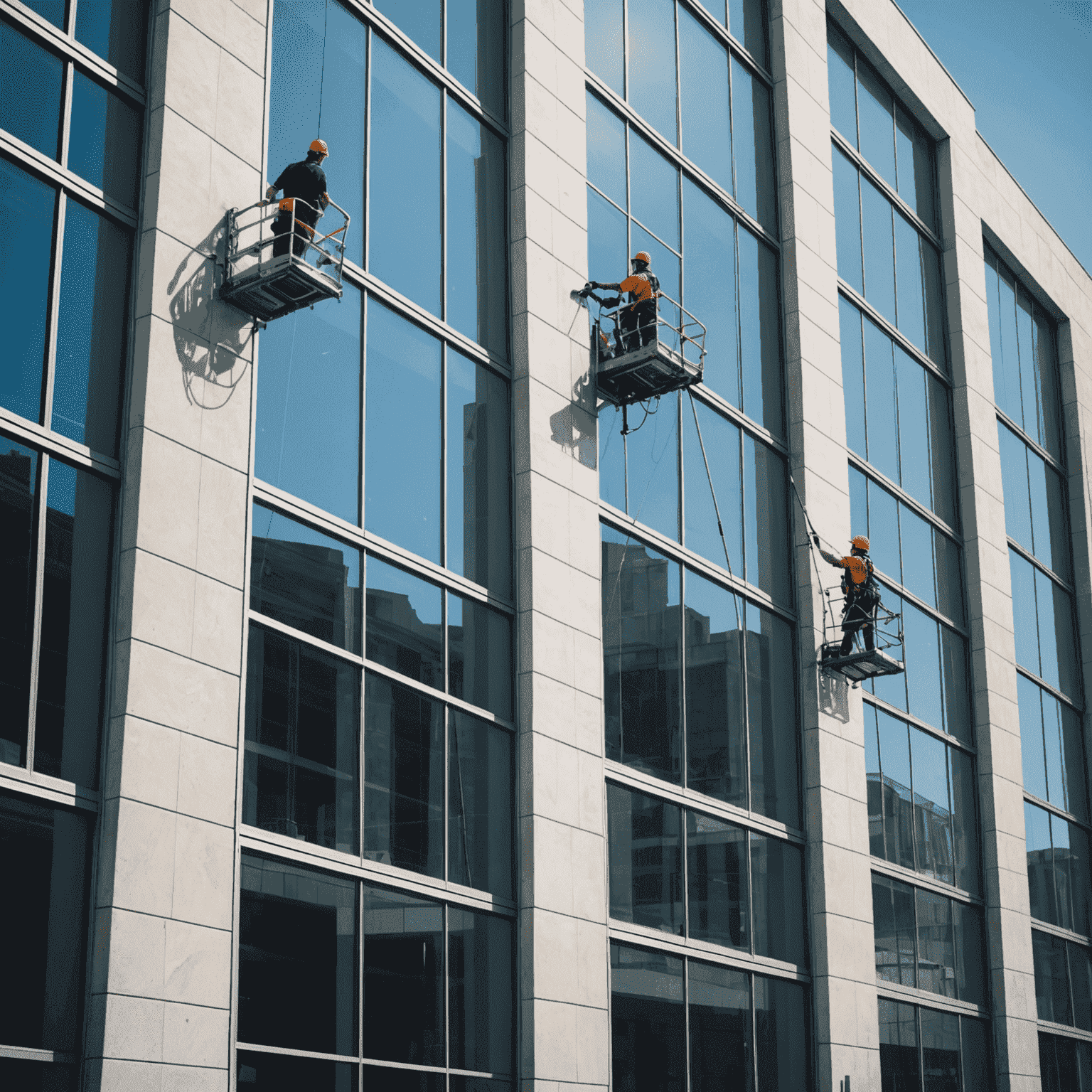 Professional window cleaners washing a large glass facade of a modern building, using specialized equipment and eco-friendly cleaning solutions