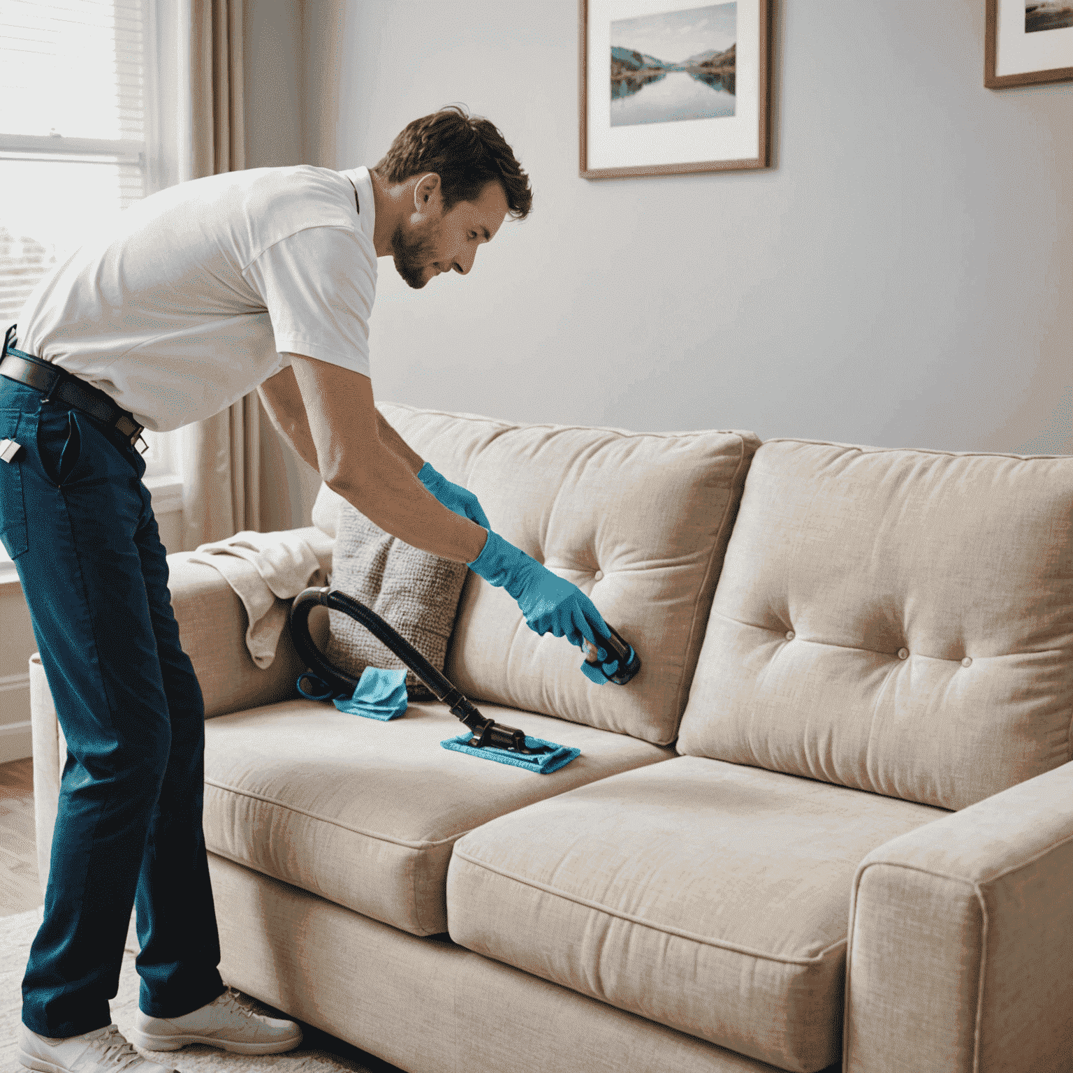 Professional cleaning a sofa with specialized equipment, removing stains and dirt