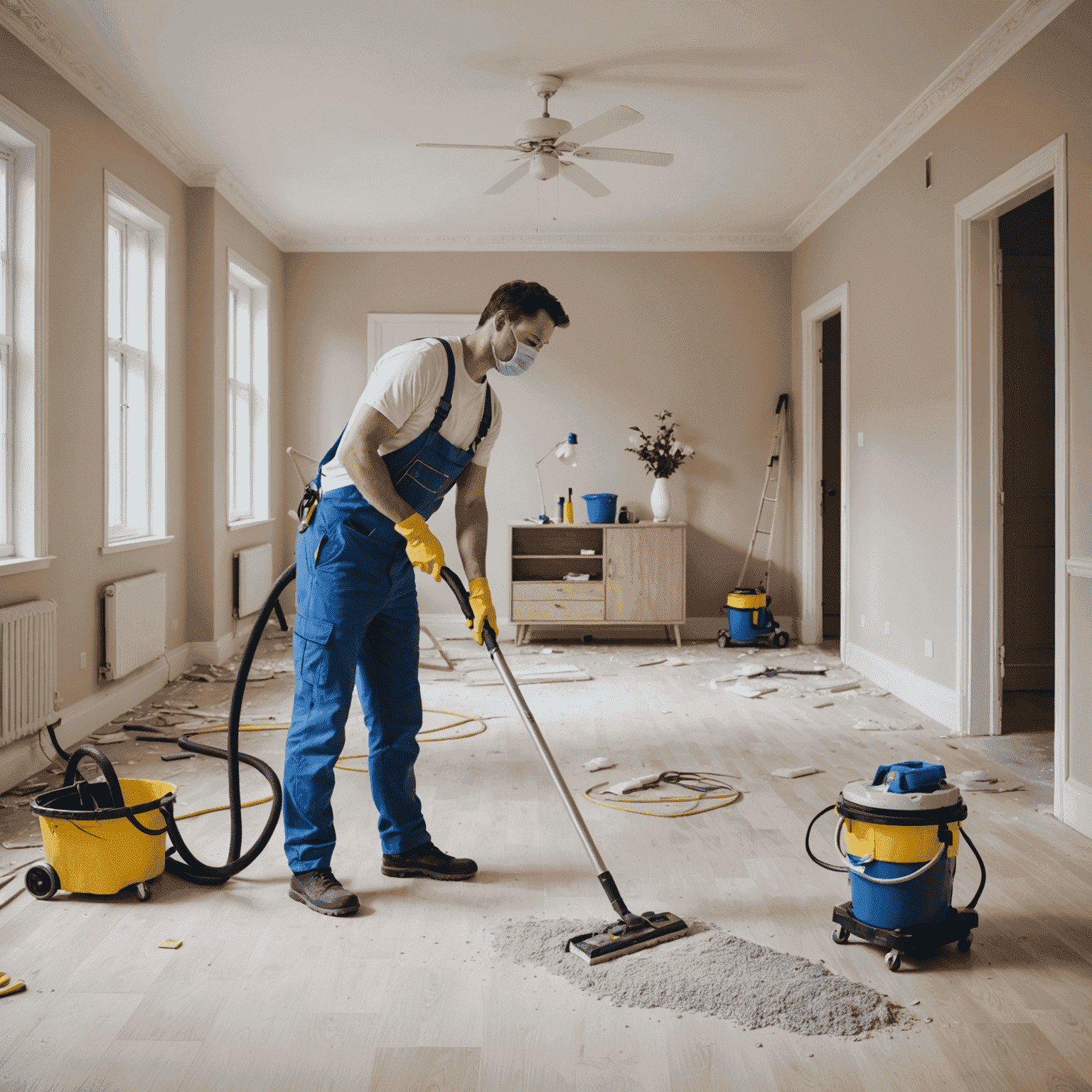 A room after renovation with cleaning supplies and a professional cleaner removing construction dust and debris