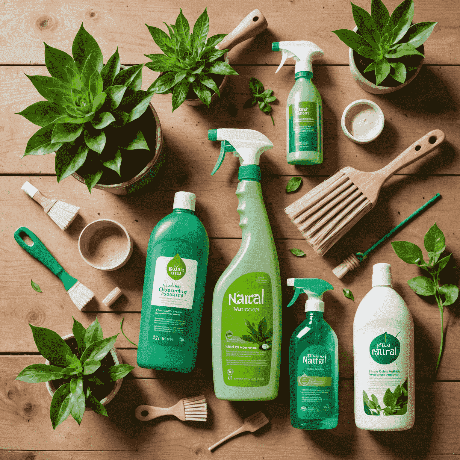 Natural cleaning products and green cleaning tools arranged on a wooden surface with plants in the background