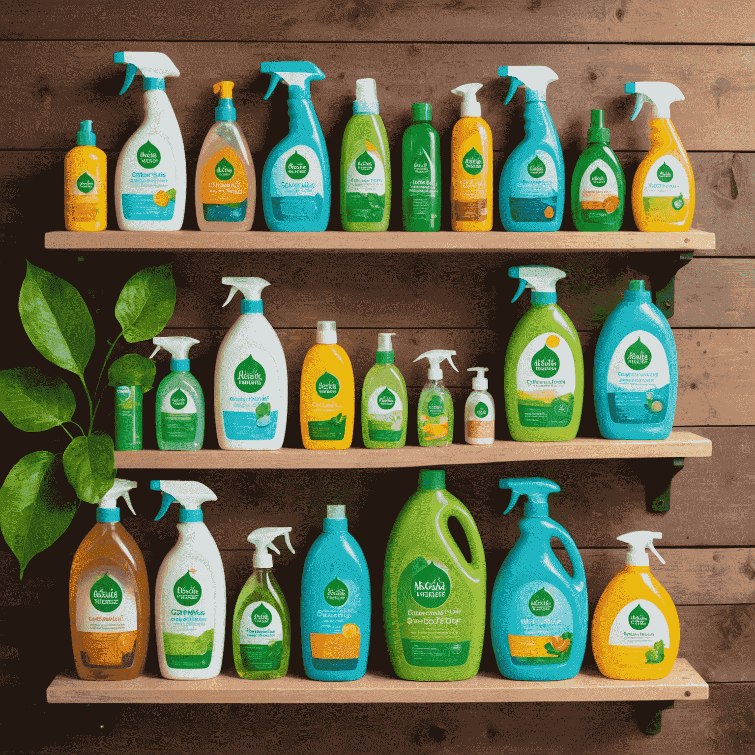 An array of colorful, eco-friendly cleaning products displayed on a wooden shelf. The products feature natural ingredients, recyclable packaging, and green leaf logos, emphasizing their environmental friendliness.