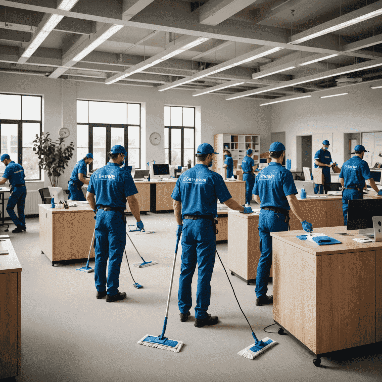 Team of cleaners in uniform cleaning a large open-plan office space, focusing on desks and common areas