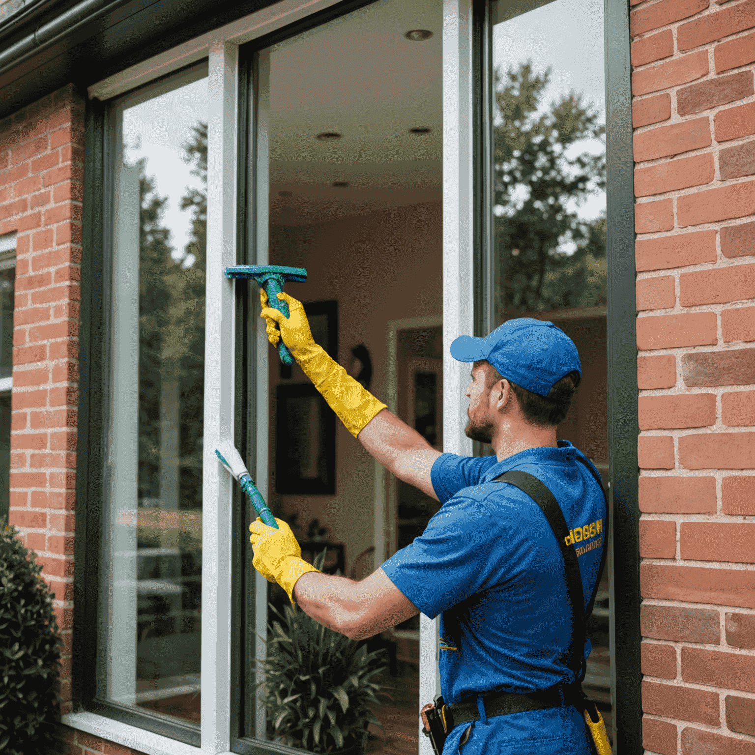 A team member cleaning the windows of a modern residential home, showcasing attention to detail