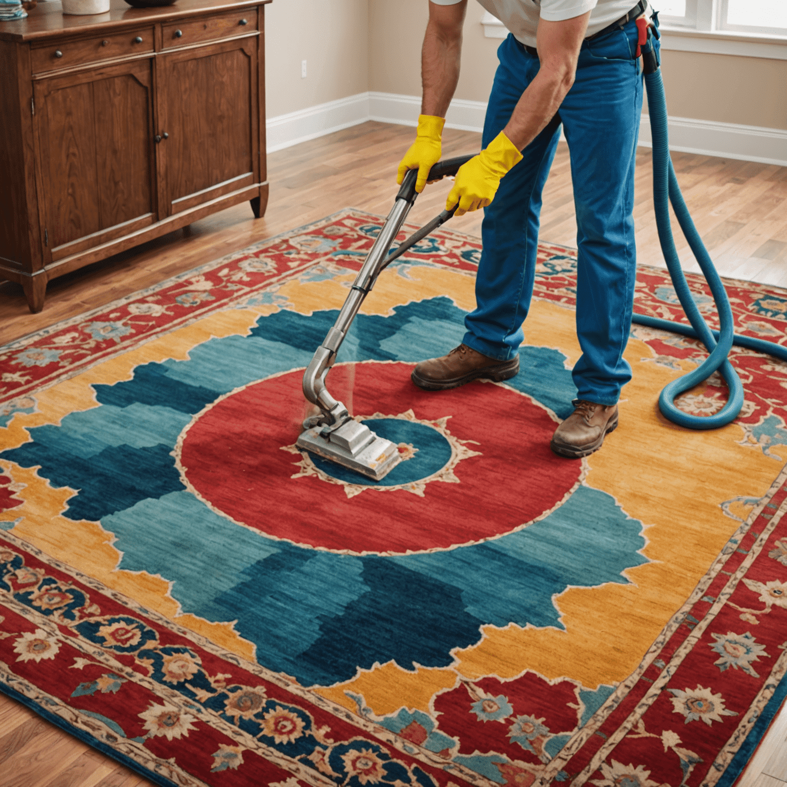Professional deep cleaning a large area rug, restoring its vibrant colors
