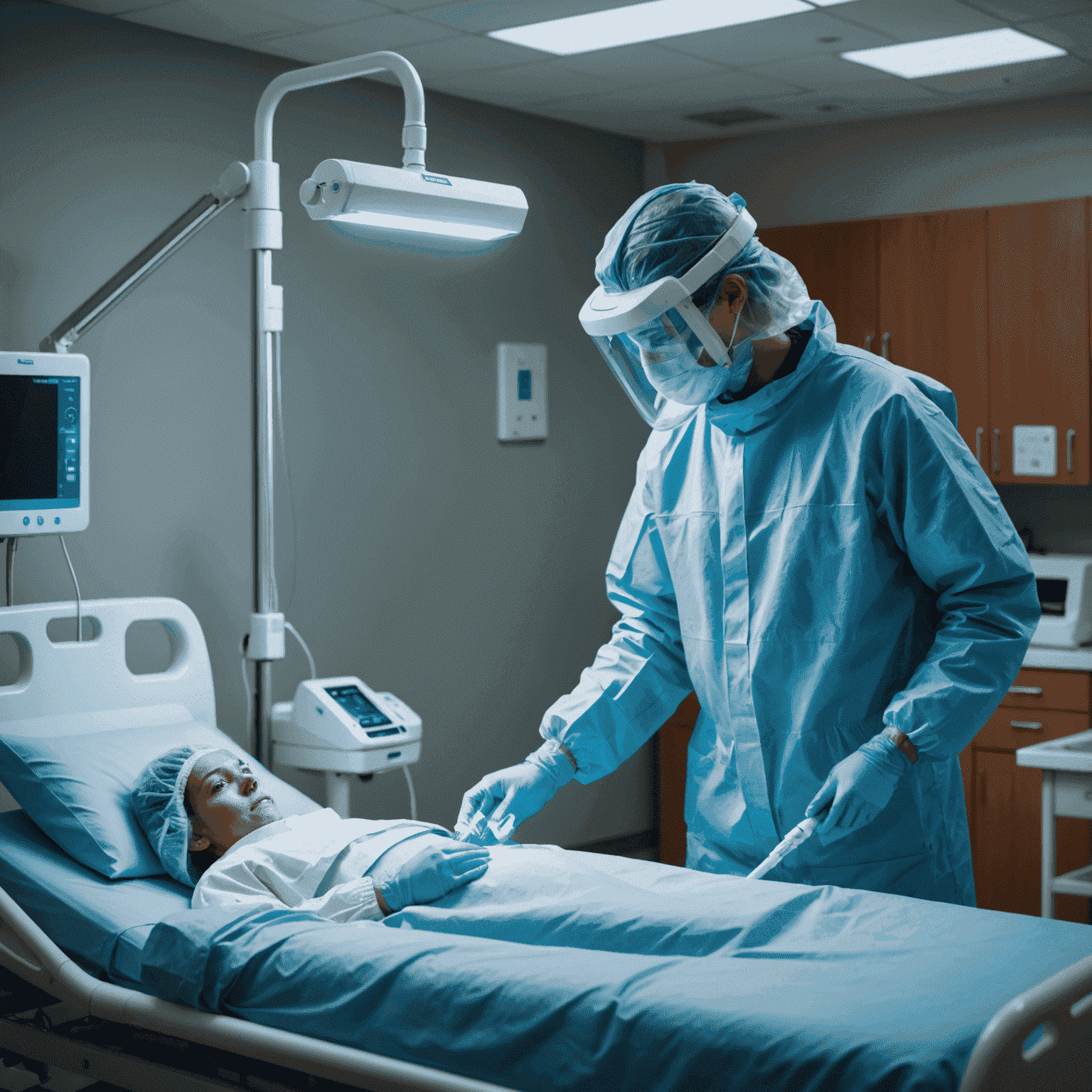 A person in protective gear using a handheld UV-C light device to disinfect a hospital room. The UV-C light emits a blue glow, highlighting its disinfecting properties in a clinical setting.