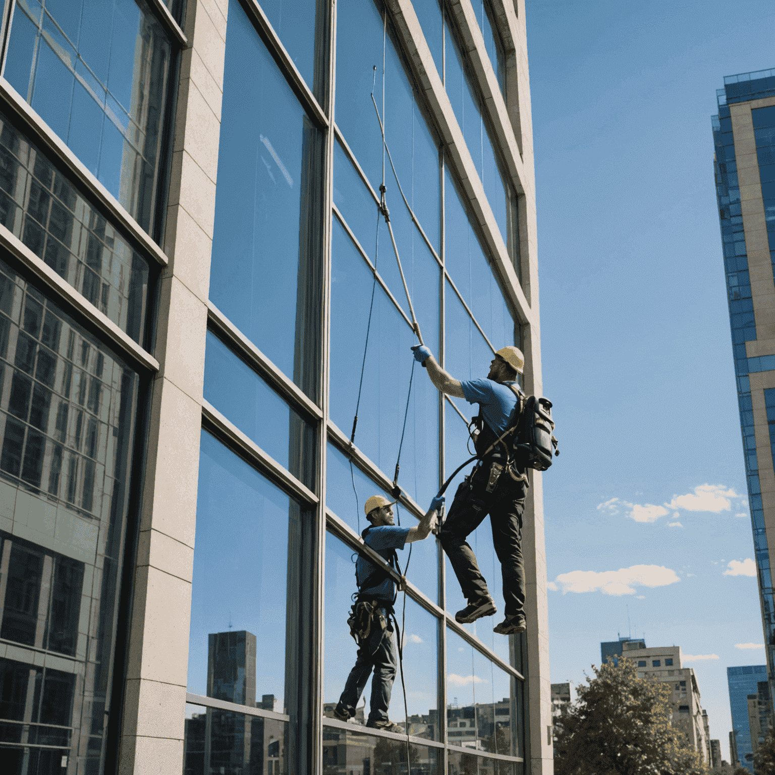 Professional window cleaner using specialized equipment to clean large glass facade of a building
