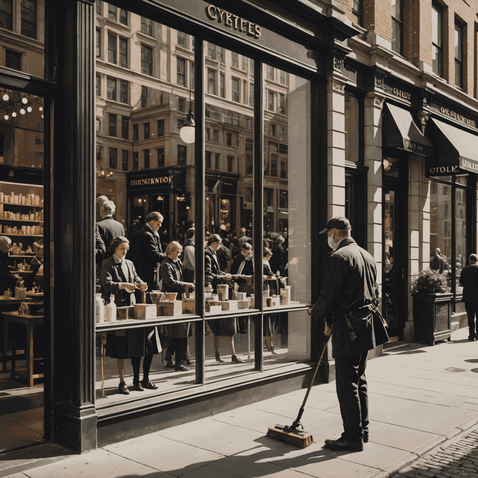 A cleaner polishing a large storefront window, reflecting a busy street scene