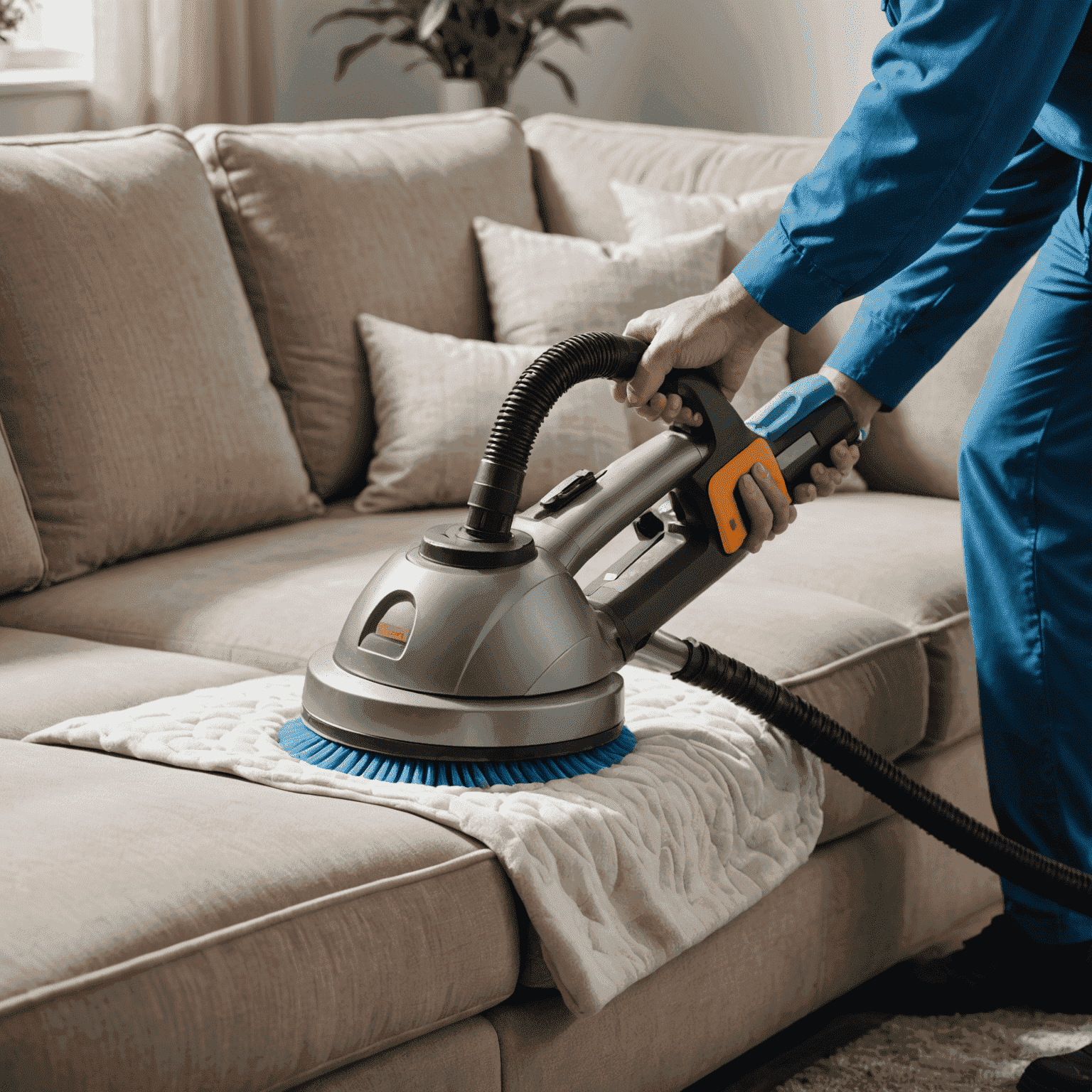 Close-up of a professional cleaner using a specialized machine to deep clean a sofa, removing stains and refreshing the fabric