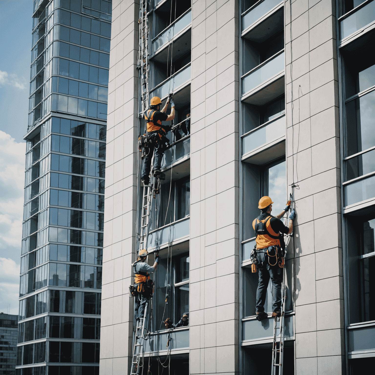 A team of window cleaners working on a high-rise building facade using safety harnesses and professional equipment